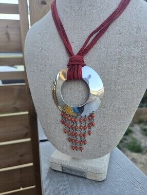 Red Suede Cord Silver Disc Necklace with Coral Bead Fringe Heavy Sterling Silver